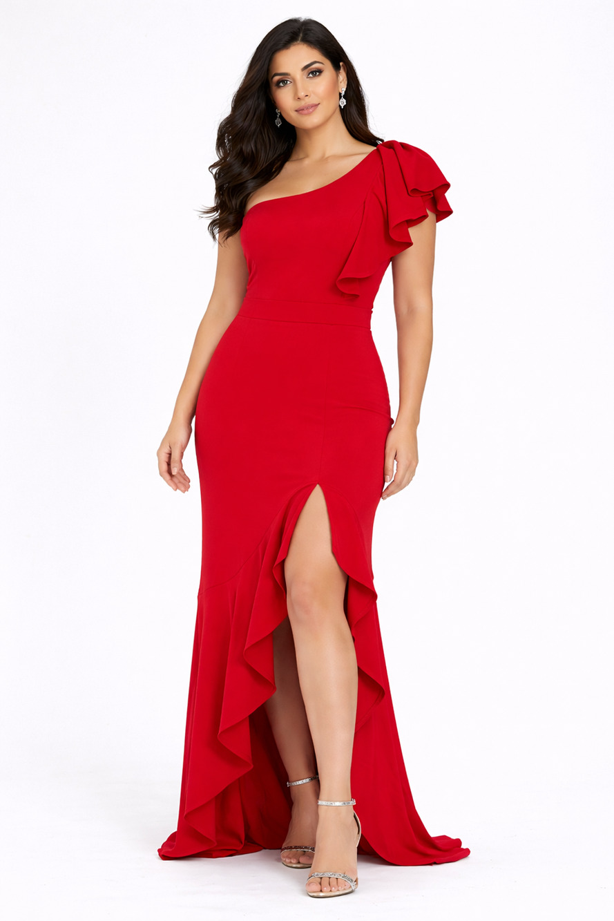 Symphony One Shoulder Ruffle Gown Formal Evening Maxi Dress Size Medium Red